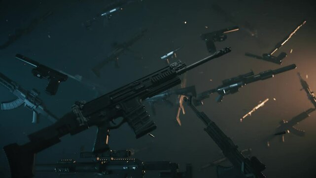 The concept of ending the war. Assault rifles fall to the ground. Weapons falling. Weapons falling to the ground