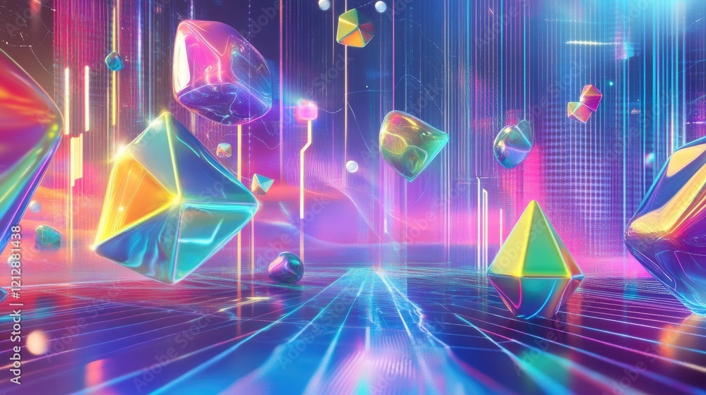 Poster abstract geometric shapes floating in a vibrant digital space with grid lines