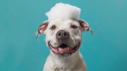 Obraz premium A wet canine covered in foam looks adorable. A cheerful dog with a foam hat smiles against a bright blue background, exuding joy and playfulness.