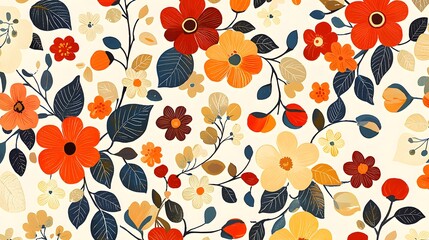 Autumn floral seamless pattern, cream background, design, textile print