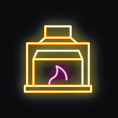 Neon fireplace burning with purple and yellow flames on a black background, perfect for concepts like winter, warmth, and home decor