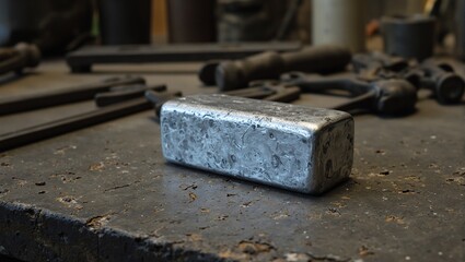 Shimmering titanium ingot on rustic workbench with tools