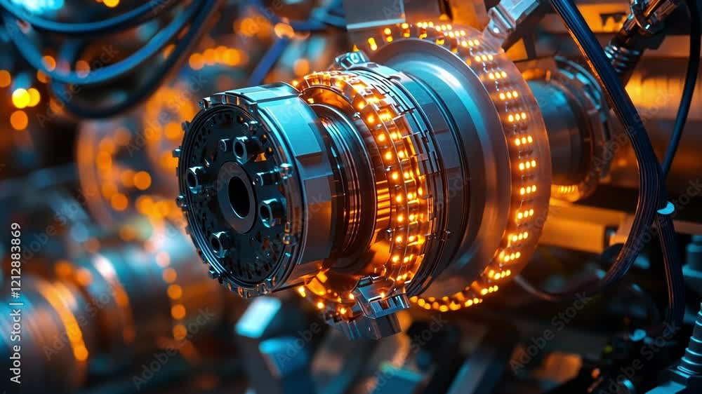 Poster complex futuristic engine rotating with orange lights illuminating other mechanical parts in a techn