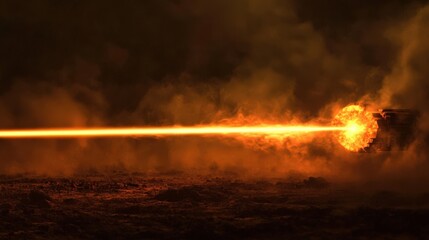 Obraz premium Fiery Beam Emanates From Destroyed Spaceship In Dark Nebula