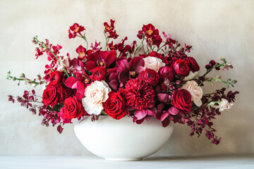 Beautiful bouquet of red various flowers in a ceramic vase