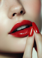 Obraz premium Attractive Portrait of a Young Woman with Radiant Makeup and Bold Red Lipstick
