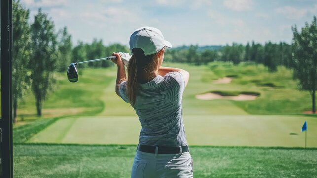 Girl playing golf on screen and golf simulator. Young golfer playing golf video game indoors