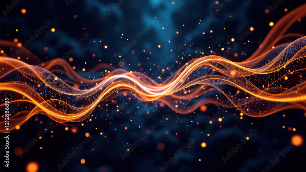 Poster dynamic orange and blue abstract digital art with glowing particles, representing artificial intelli