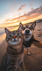 Obraz premium A cat and dog taking a selfie at the beach, with a sunset and colorful sky in the background