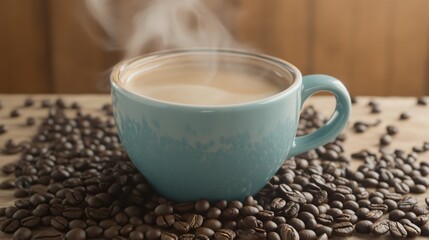 Obraz premium Steam Rising from a Blue Cup of Coffee on Roasted Beans