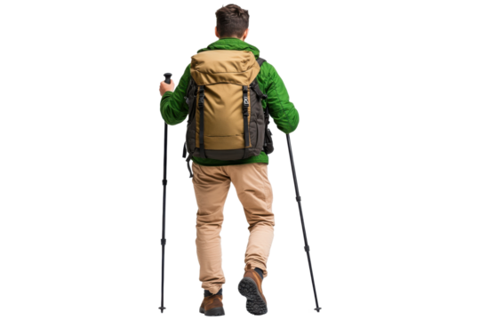 Hiker with a green backpack and trekking poles, isolated on transparent background