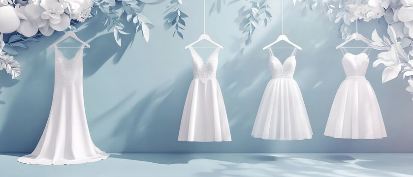 choice of white wedding dress & floral decor isolated over blue background; concept of wedding fashion, trendy outfit 