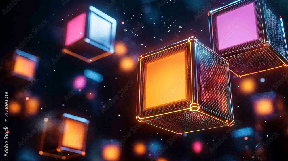 Poster group of geometric cubes floating in the air against a plain background