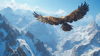 Majestic eagle soars above the snow-covered mountains under a clear blue sky