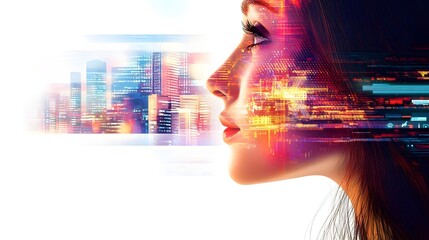 A profile of a woman blended with a vibrant cityscape, symbolizing technology and connection.