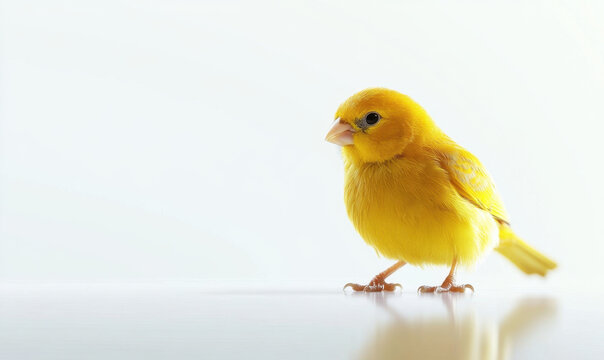 A small, vibrant yellow canary is walking confidently across a smooth, bright surface. The soft lighting accentuates its feathers, highlighting the bird's playful nature and curiosity.