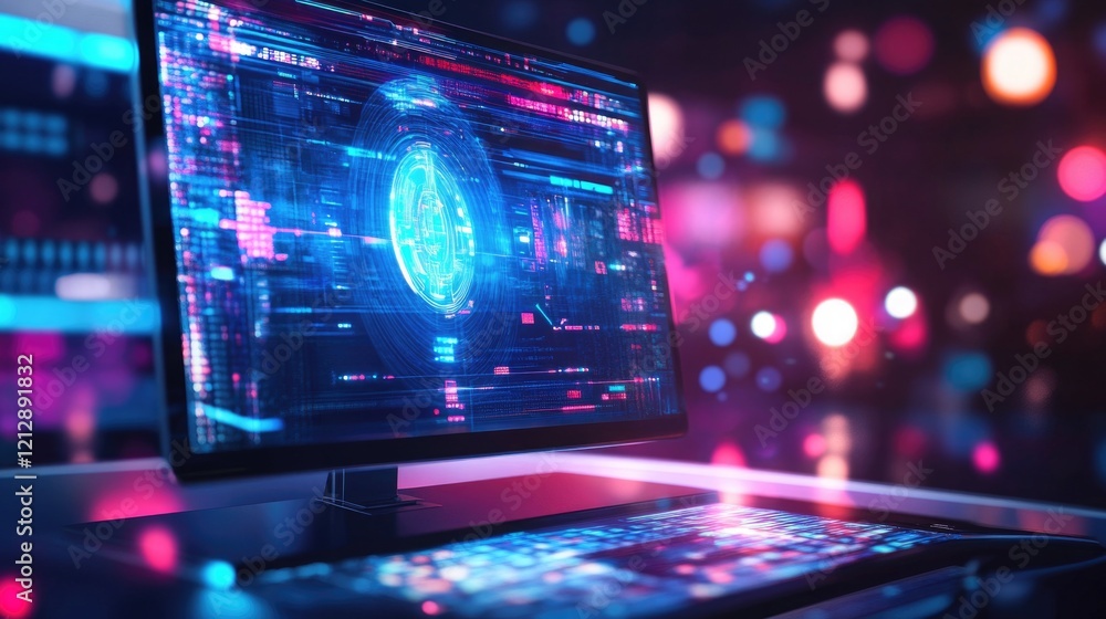 Poster a computer monitor displays abstract code and digital data with a vibrant neon color palette