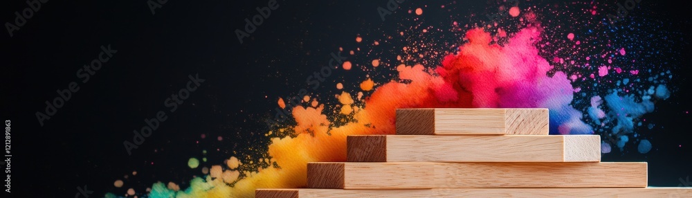 Aufkleber a vibrant splash of colorful powder rises from wooden blocks against a dark background, creating a d