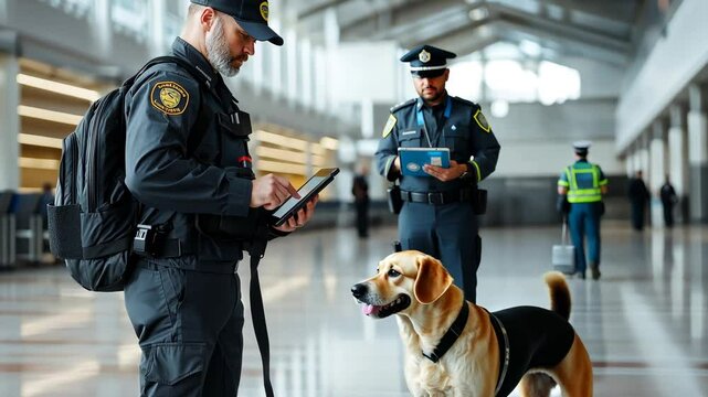 Customs Officer Checking Bag with Service Dog Sniffing Luggage