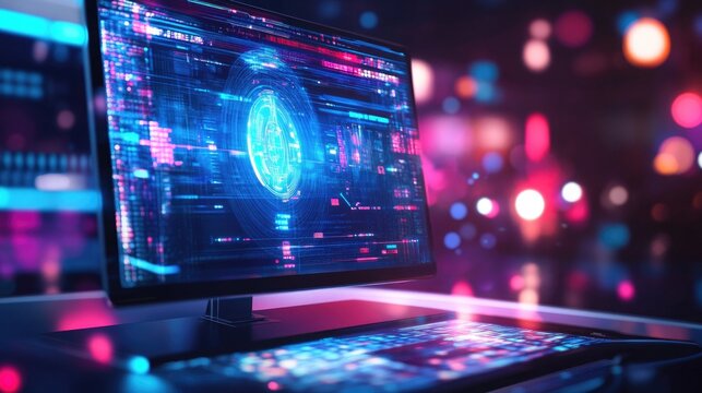 A computer monitor displays abstract code and digital data with a vibrant neon color palette