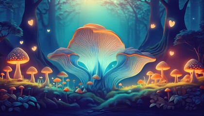 Naklejka premium Lush greenery surrounds luminescent mushrooms, creating a dreamlike atmosphere in a spring forest.