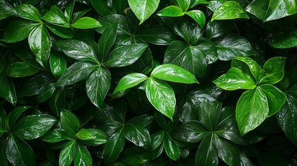 In a tranquil setting, dark green plants flourish, showcasing a rich variety of textures and shades. Their glossy leaves reflect light, creating a peaceful atmosphere filled with nature's vitality