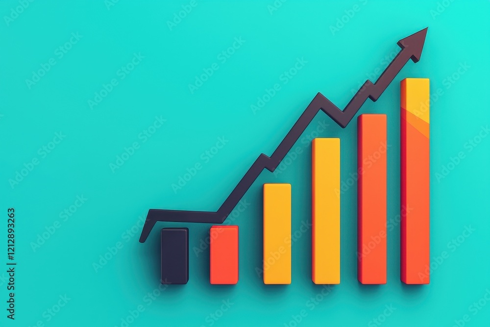 Poster a colorful bar graph with an upward trend on a turquoise background, symbolizing growth and progress