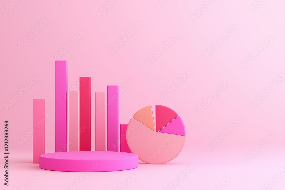 Poster a vibrant pink-themed setup featuring bar graphs and a pie chart, ideal for presentations or data vi