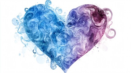 A heart in gradient blue and purple watercolor, with abstract swirls, isolated on a white background