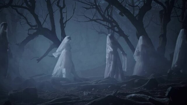 Eerie undead beings in white veils wandering through a fog-shroud forest