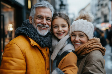 Fototapeta premium Warm Family Hug in Winter with Smiling Faces