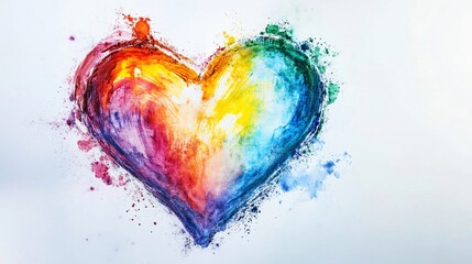 A heart painted in rainbow watercolor hues, with soft edges and artistic splashes on a clean white canvas