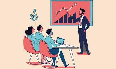 Business Planning Concept. Contemporary flat style vector illustration of a man in a business suit presenting a strategy to a group of colleagues with a growing graph in background.