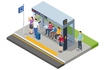 A detailed isometric vector image of a public bus stop. Includes people waiting, reading, and interacting in a sheltered area with schedules and a bench. Organized bus lane beside the stop.