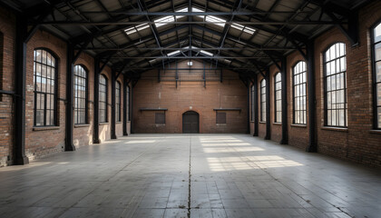 Wide angle view of an empty industrial warehouse with exposed brick walls, large arched windows, and a high metal truss ceiling with skylights