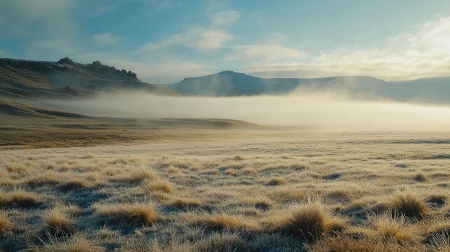 A vast landscape with frosted grass and fog rolling across the hills in winter