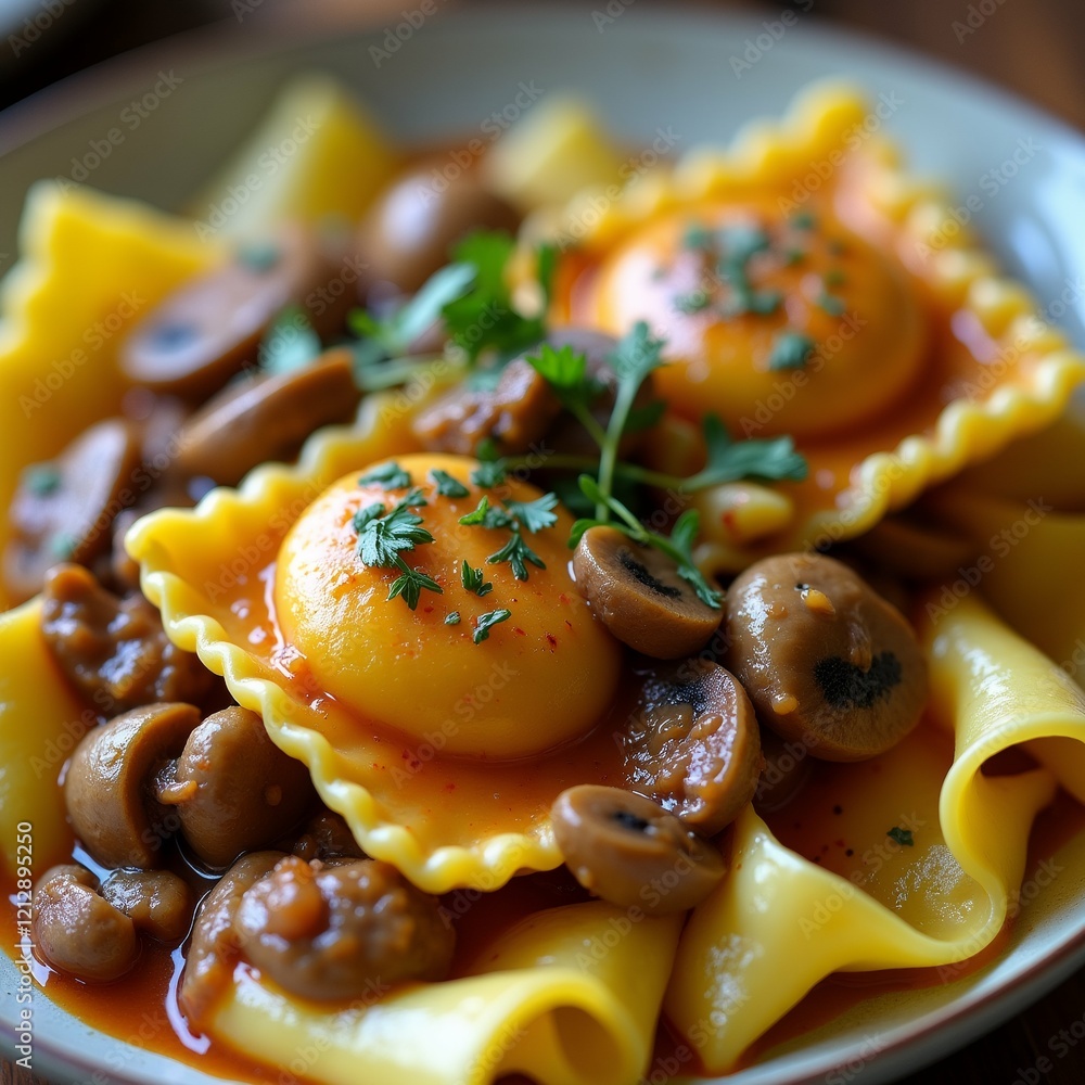 Poster the image shows a plate of ravioli with mushrooms and sauce. the raviolis are arranged in a circular