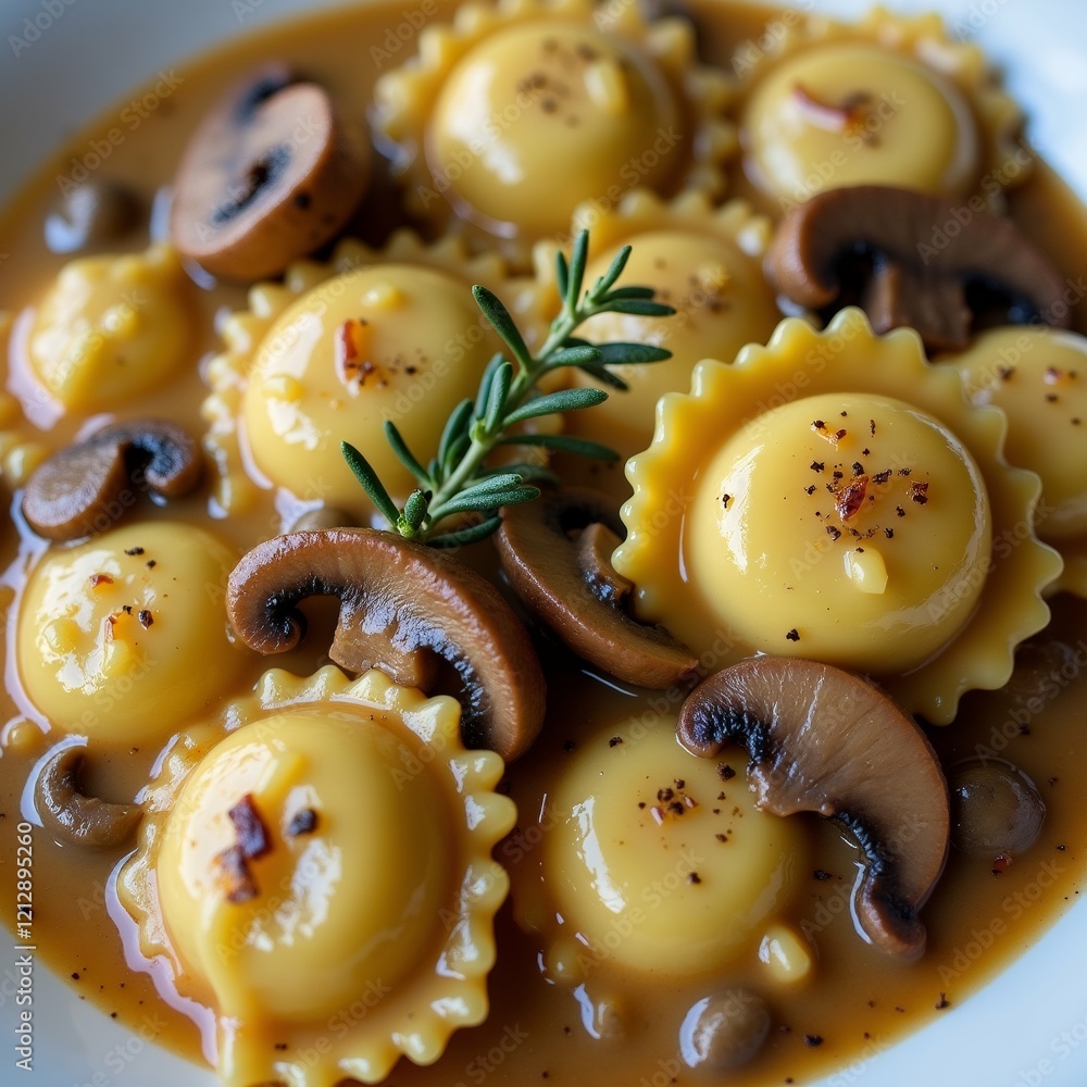 Poster the image shows a plate of ravioli with mushrooms and sauce. the raviolis are arranged in a circular