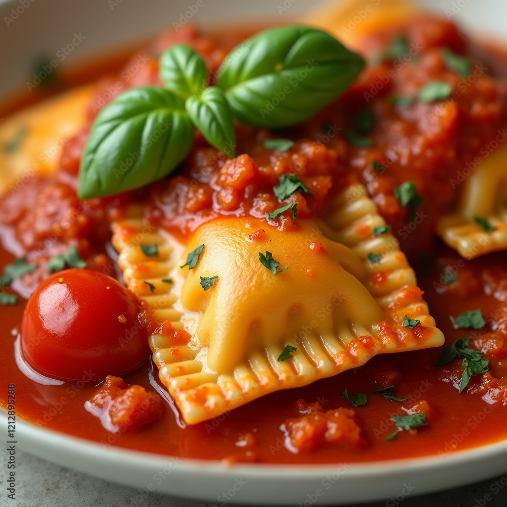 Poster the image shows a plate of ravioli with tomato sauce. the raviolis are arranged in a circular patter