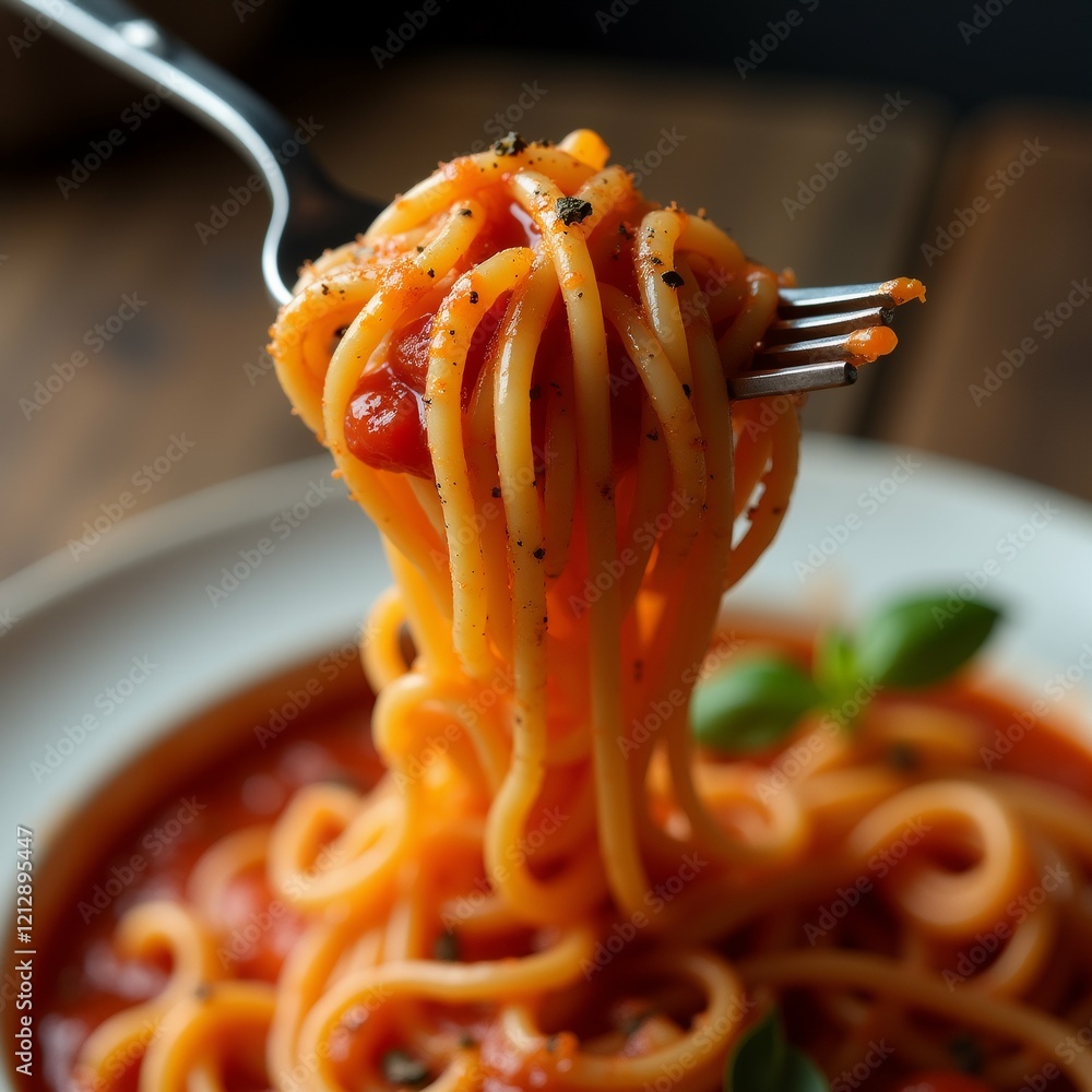 Poster the image shows a plate of spaghetti with tomato sauce. the spaghetti is long and thin, and it is co