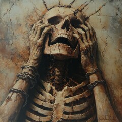 Skeletal Figure with Chain Shackles Holding Head Against Cracked Wall Dark Surreal Art
