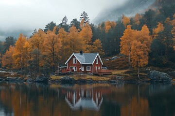 Red cabin nestled in autumnal forest by calm lake, reflecting in still water under misty sky.