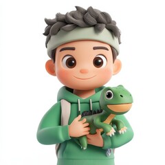 Boy Holds Small Green Dinosaur Toy Gently