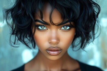 Short coiffure - curly hair. Commercial ad campaign visual idea. Lovely calm black girl - for ads, road poster and web marketing use. Black model inspiration. Black model commercial.