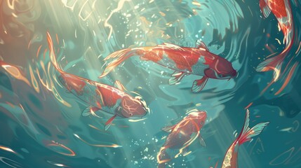 Colorful koi fish swimming under rippled water surface with rain drops