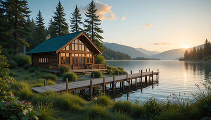 Fototapeta premium Scenic Lakefront Log Cabin Retreat at Sunset - Tranquil Nature 