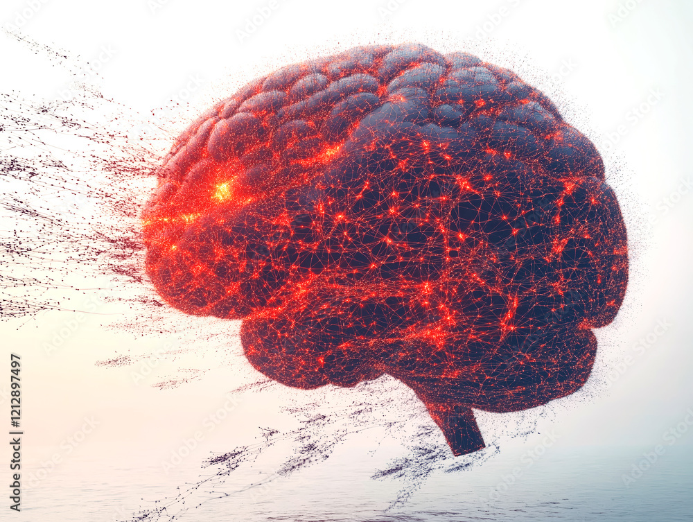 Poster a digital illustration of a glowing futuristic brain with interconnected red neural lines