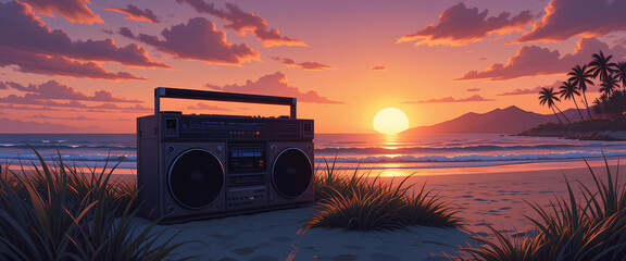 Lofi vibes: retro anime beachside sunset with vintage boombox and palm trees