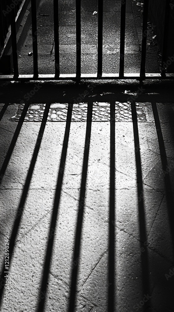 Poster Shadows stretch and intertwine on the ground, creating an intricate abstract pattern as sunlight filters through metal bars in a serene urban environment