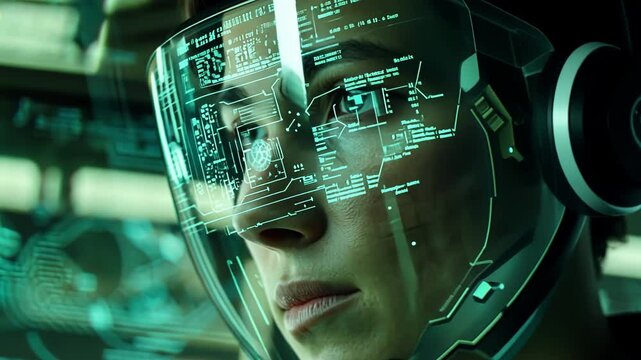 Female engineer wearing a futuristic visor analyzing data and digital information in high tech manufacturing plant control room, immersed in augmented reality